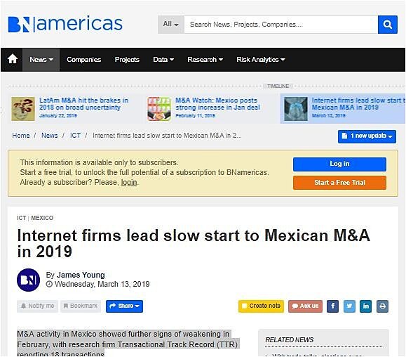 Internet firms lead slow start to Mexican M&A in 2019